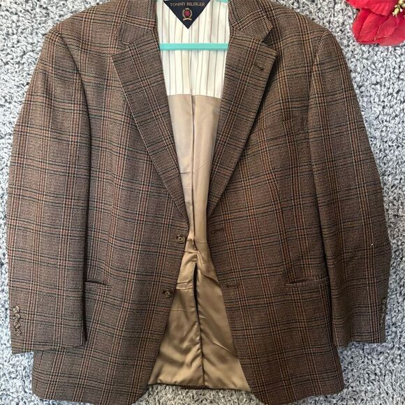 Vintage Tommy Hilfiger Men's Plaid Blazer Brown Size 41 R Formal 3-Button - Picture 1 of 14